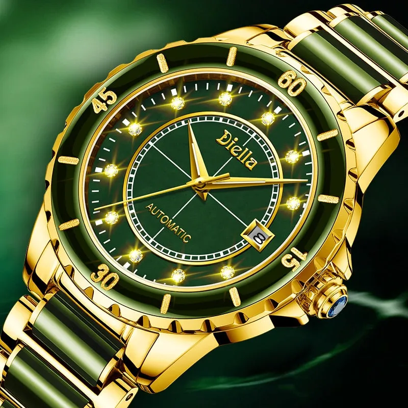 Natural Emerald Jade Men Full Automatic Mechanical Watches Sapphire Dial Switzerland Men&#39;s Wristwatches Calendar Luminous Hands