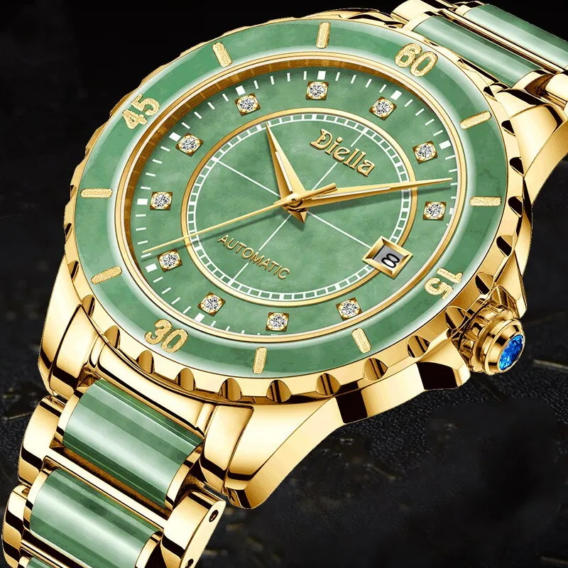 Natural Emerald Jade Men Full Automatic Mechanical Watches Sapphire Dial Switzerland Men&#39;s Wristwatches Calendar Luminous Hands