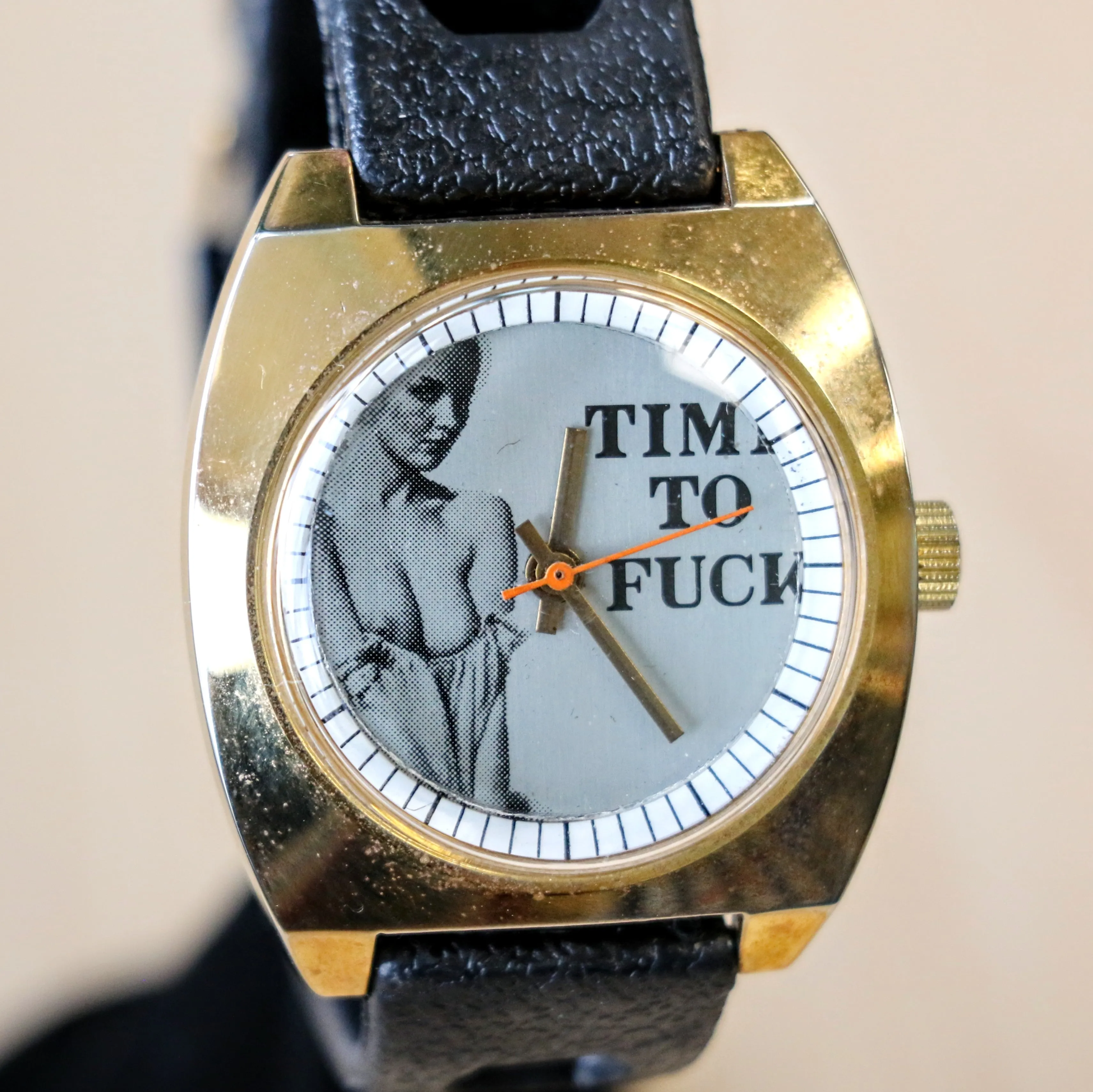 NOS Vintage Erotic Mechanical Watch "TIME TO F--K" Cushion Case Wristwatch