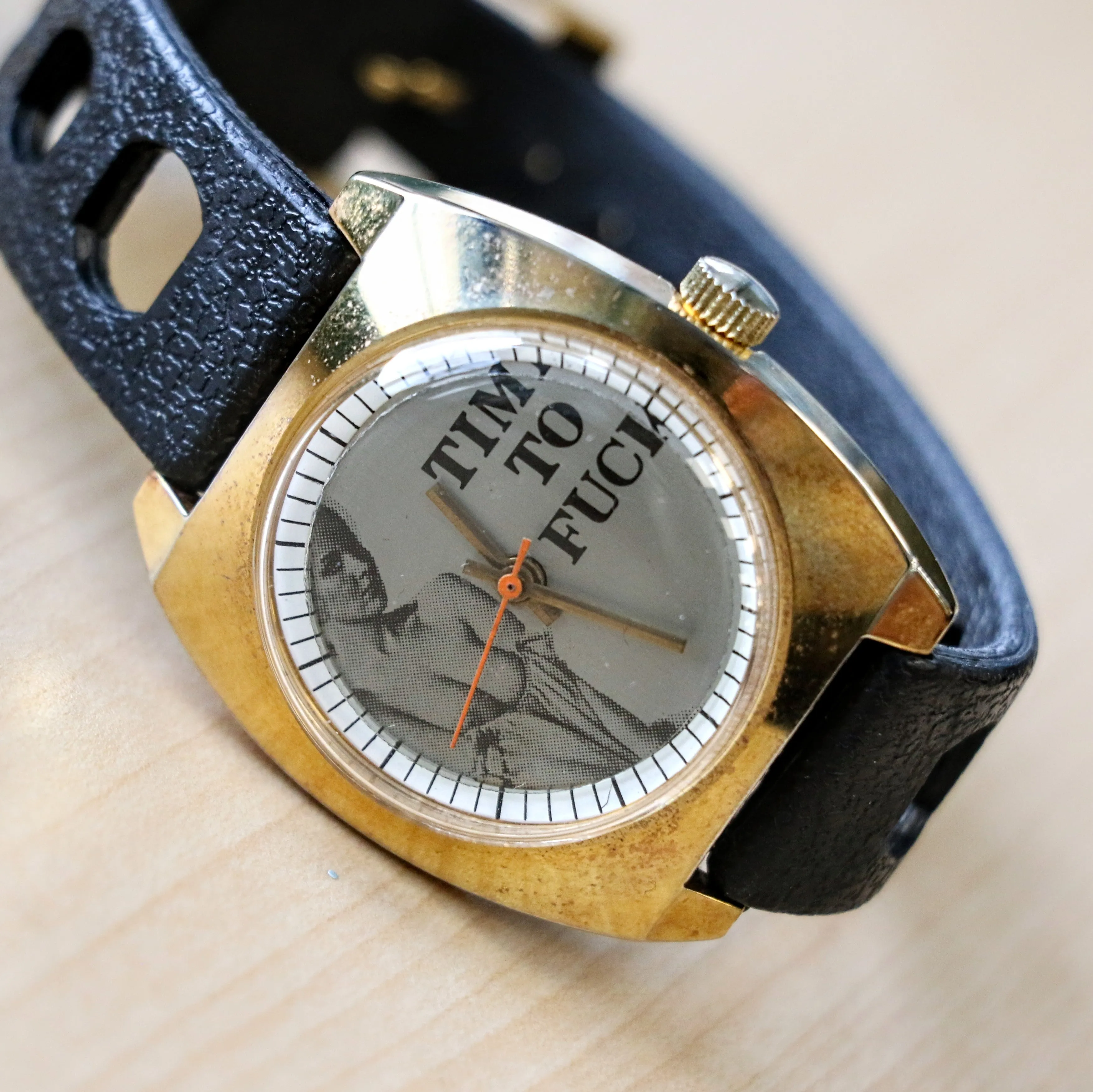 NOS Vintage Erotic Mechanical Watch "TIME TO F--K" Cushion Case Wristwatch