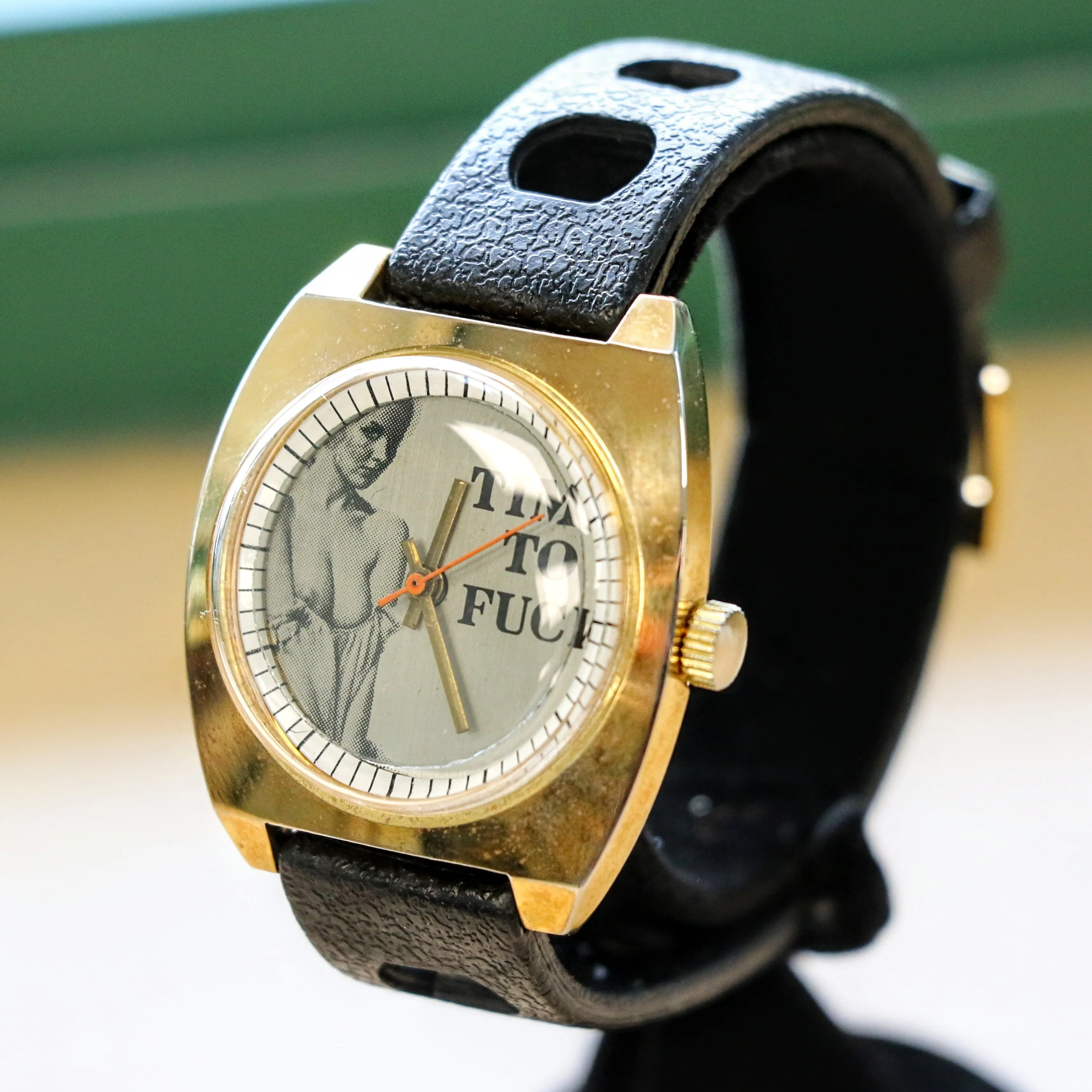 NOS Vintage Erotic Mechanical Watch "TIME TO F--K" Cushion Case Wristwatch