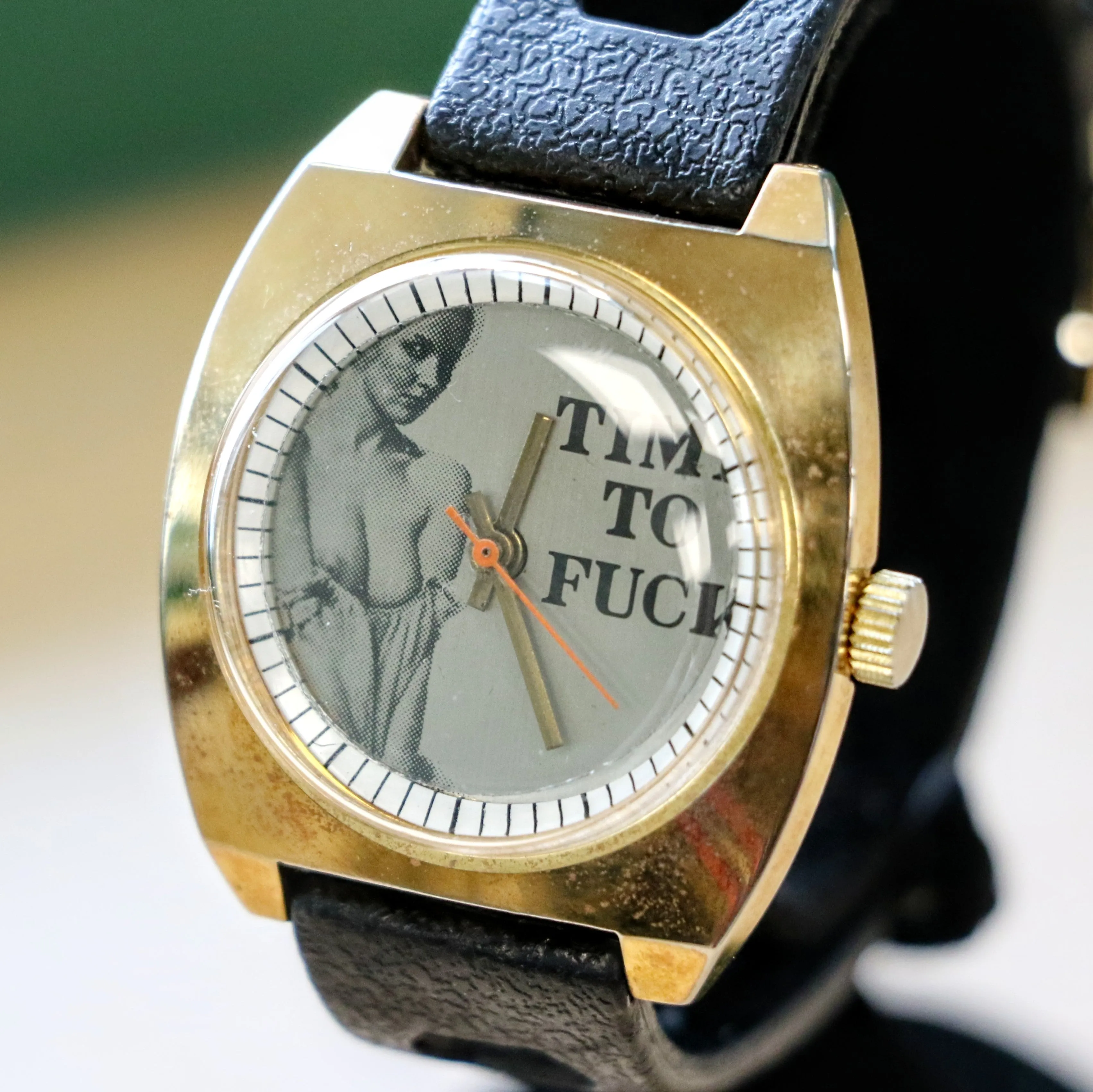 NOS Vintage Erotic Mechanical Watch "TIME TO F--K" Cushion Case Wristwatch