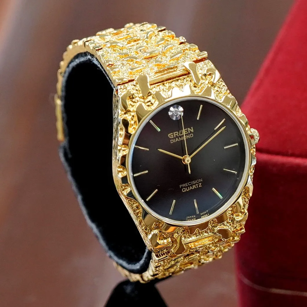 NOS Vintage GRUEN Diamond Precision Quartz Watch Nugget Bracelet Water Resistant Wristwatch - Original Box!