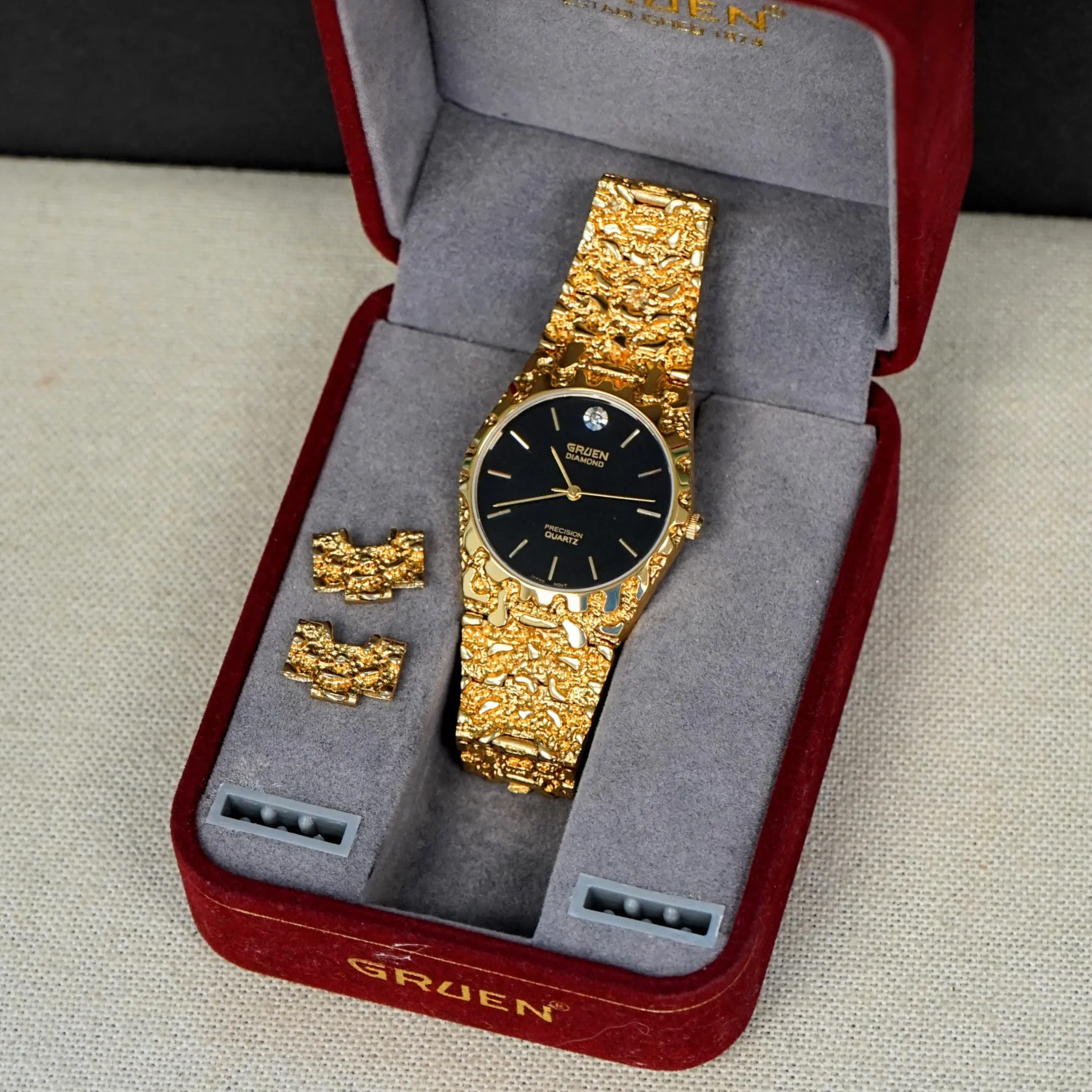 NOS Vintage GRUEN Diamond Precision Quartz Watch Nugget Bracelet Water Resistant Wristwatch - Original Box!