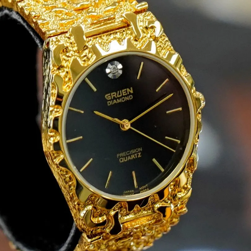 NOS Vintage GRUEN Diamond Precision Quartz Watch Nugget Bracelet Water Resistant Wristwatch - Original Box!
