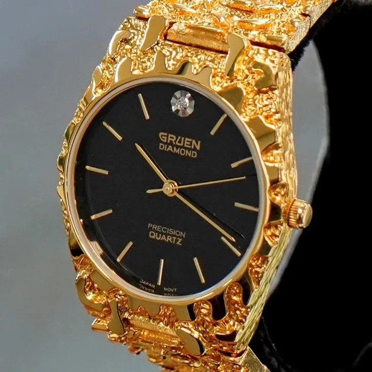 NOS Vintage GRUEN Diamond Precision Quartz Watch Nugget Bracelet Water Resistant Wristwatch - Original Box!