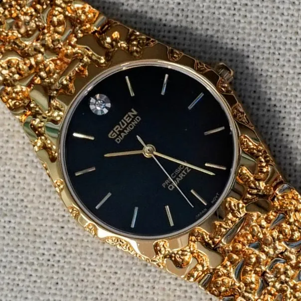 NOS Vintage GRUEN Diamond Precision Quartz Watch Nugget Bracelet Water Resistant Wristwatch - Original Box!
