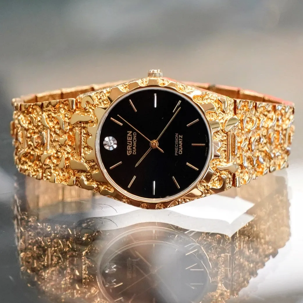 NOS Vintage GRUEN Diamond Precision Quartz Watch Nugget Bracelet Water Resistant Wristwatch - Original Box!