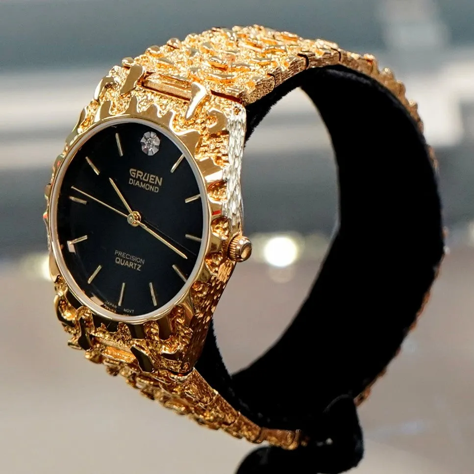 NOS Vintage GRUEN Diamond Precision Quartz Watch Nugget Bracelet Water Resistant Wristwatch - Original Box!
