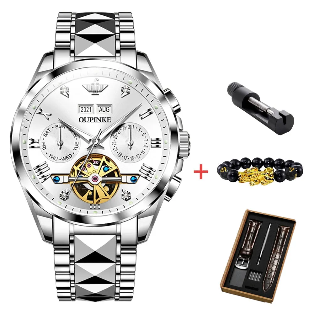 OUPINKE Watch for Men Automatic Mechanical Skeleton Diamond Sapphire Crystal Tourbillon Waterproof Original Wristwatch Gift