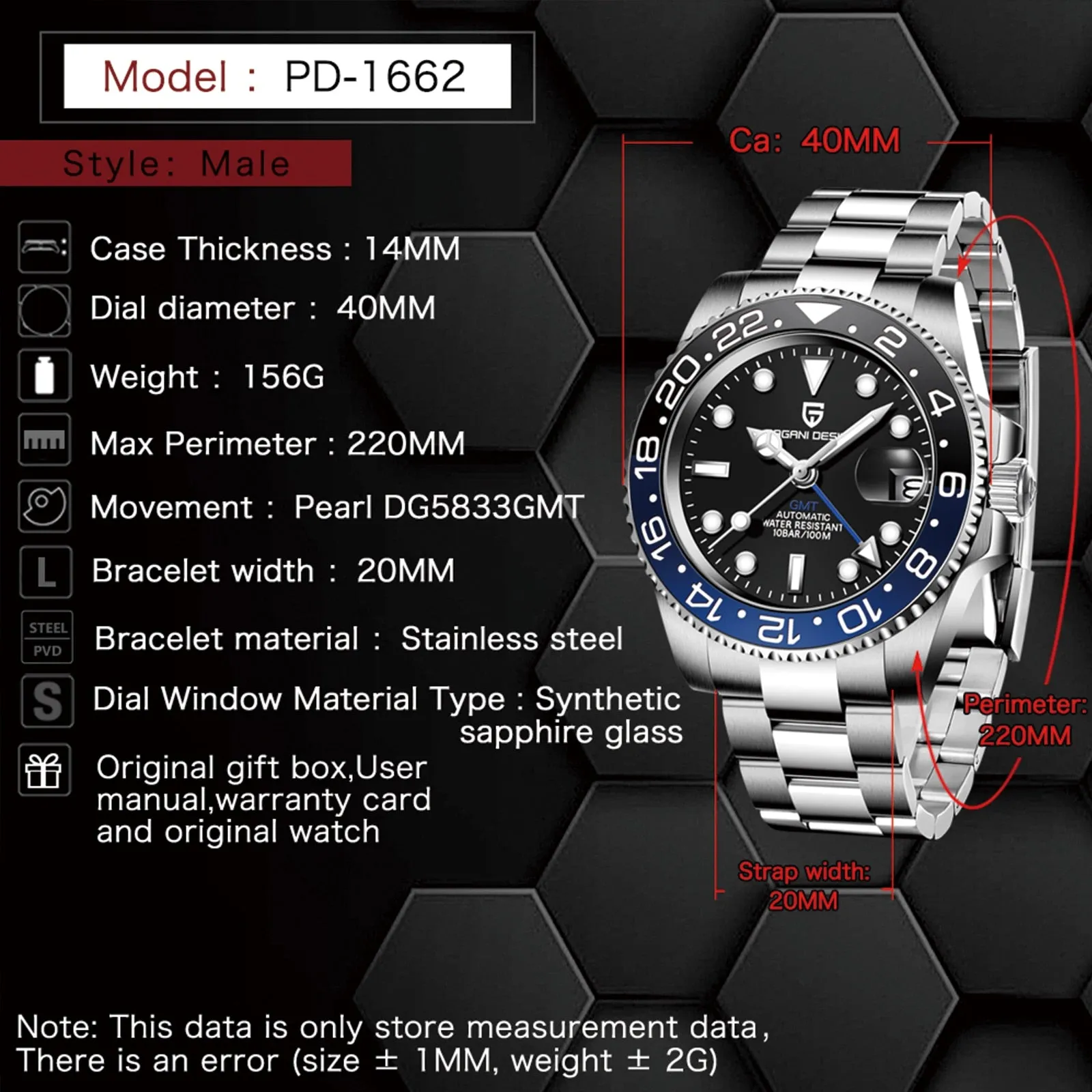 PAGANI DESIGN New Luxury Men Mechanical Wristwatch Stainless Steel GMT Watch Top Brand Sapphire Glass Men Watches reloj hombre