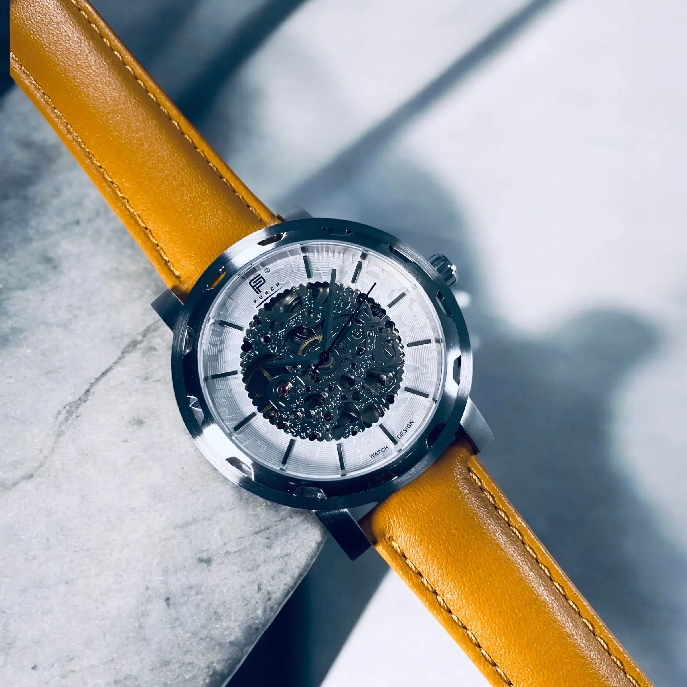 PUNCH Mens Watch, Silver & White Skeleton Automatic Watch - Tan Leather Strap