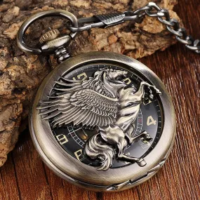 Retro Unisex Bronze Wing Horse Hand Winding Mechanical Pocket FOB Watch