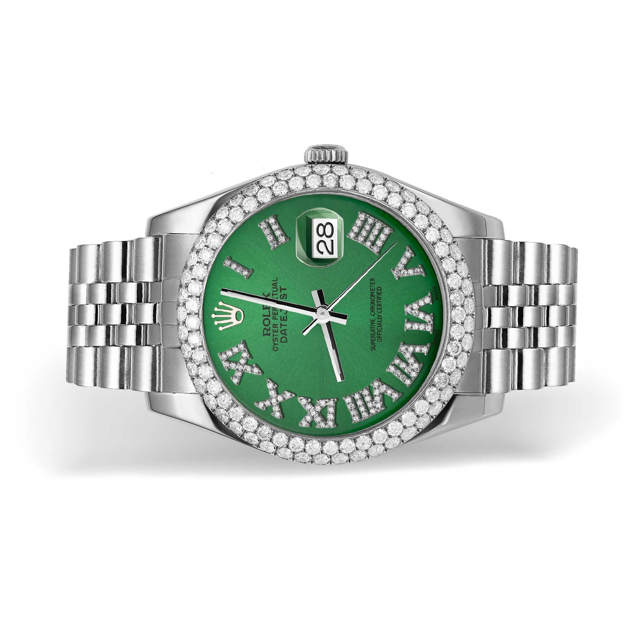 Rolex Datejust Diamond Bezel Watch 41mm Green Roman Dial | 5.25ct