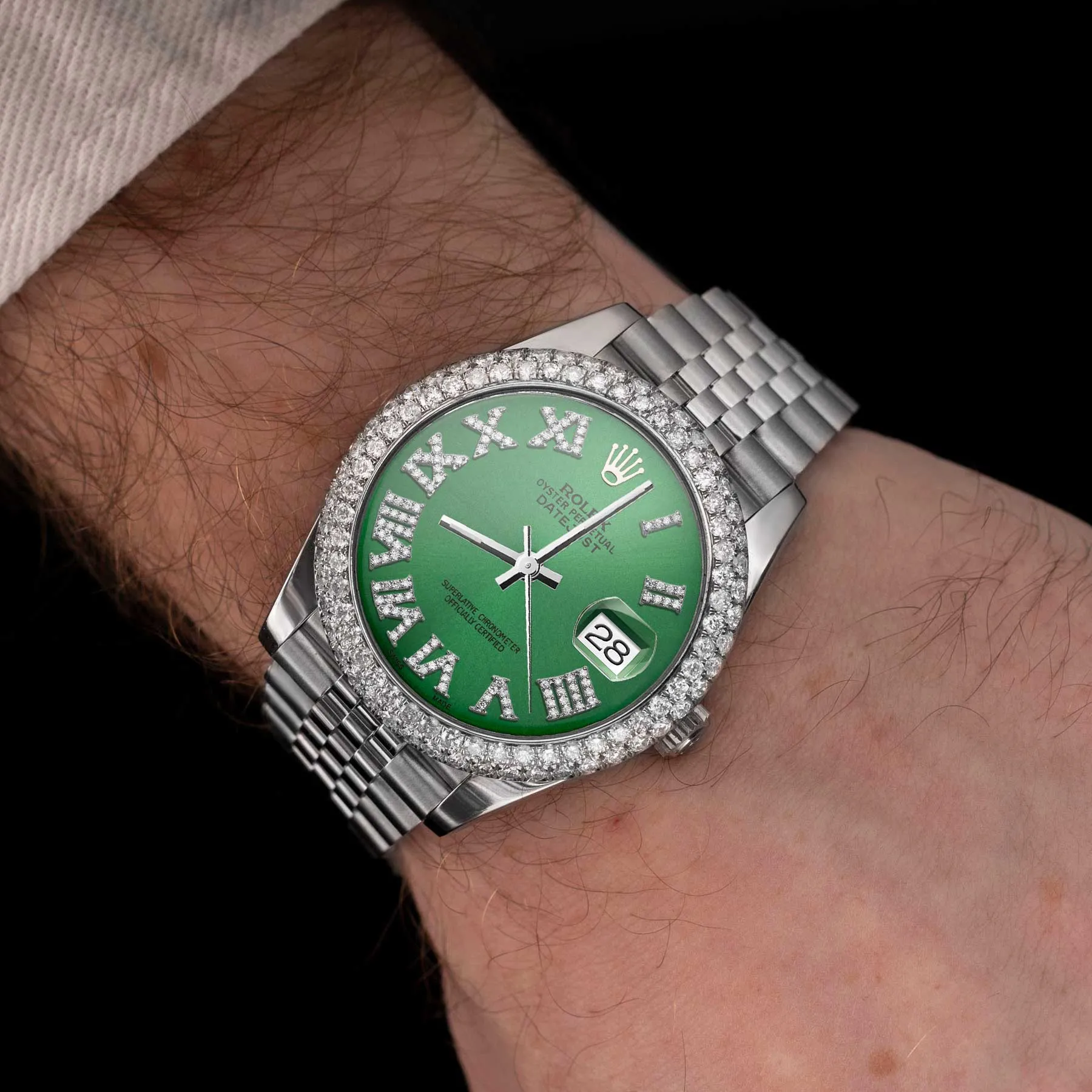 Rolex Datejust Diamond Bezel Watch 41mm Green Roman Dial | 5.25ct