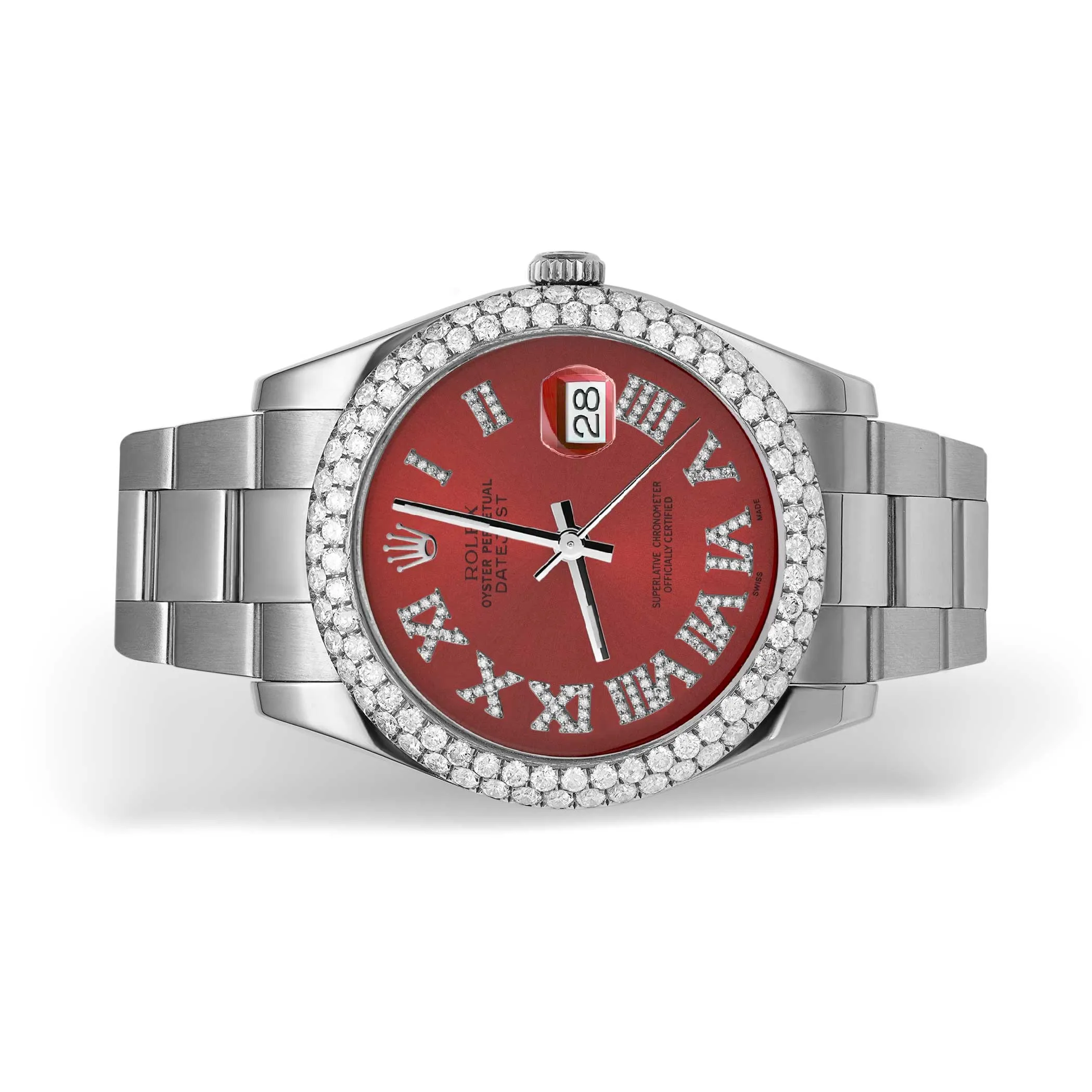 Rolex Datejust Diamond Bezel Watch 41mm Red Roman Numeral Dial | 5.25ct