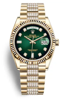 Rolex Day-Date 36 Green Dial 18kt Yellow Gold Diamond-Set President Watch 128238GNDDP