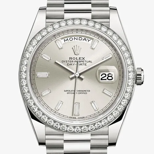 Rolex Day Date 40 Automatic Silver Diamond Dial Men's 18kt White Gold President Watch 228349SDP