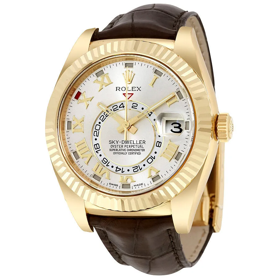 Rolex Sky Dweller Silver Dial 18kt Yellow Gold Brown Leather Men's Watch 326138