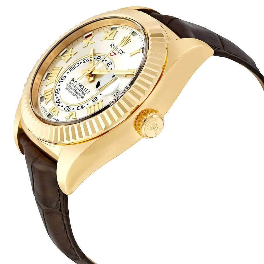 Rolex Sky Dweller Silver Dial 18kt Yellow Gold Brown Leather Men's Watch 326138