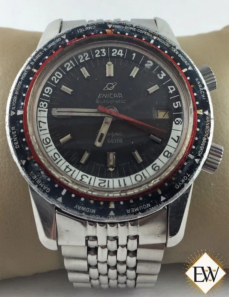 Serviced Vintage Enicar Sherpa Guide 600 GMT World Time Automatic Watch Tropical