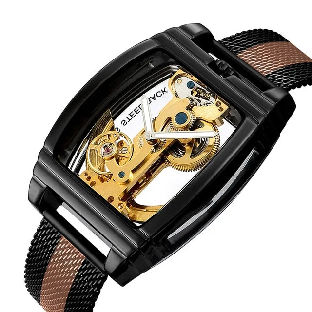 Transparent Automatic Mechanical Watch Men Steampunk Skeleton Luxury Gear Self Winding Leather Men's Clock Watches montre homme