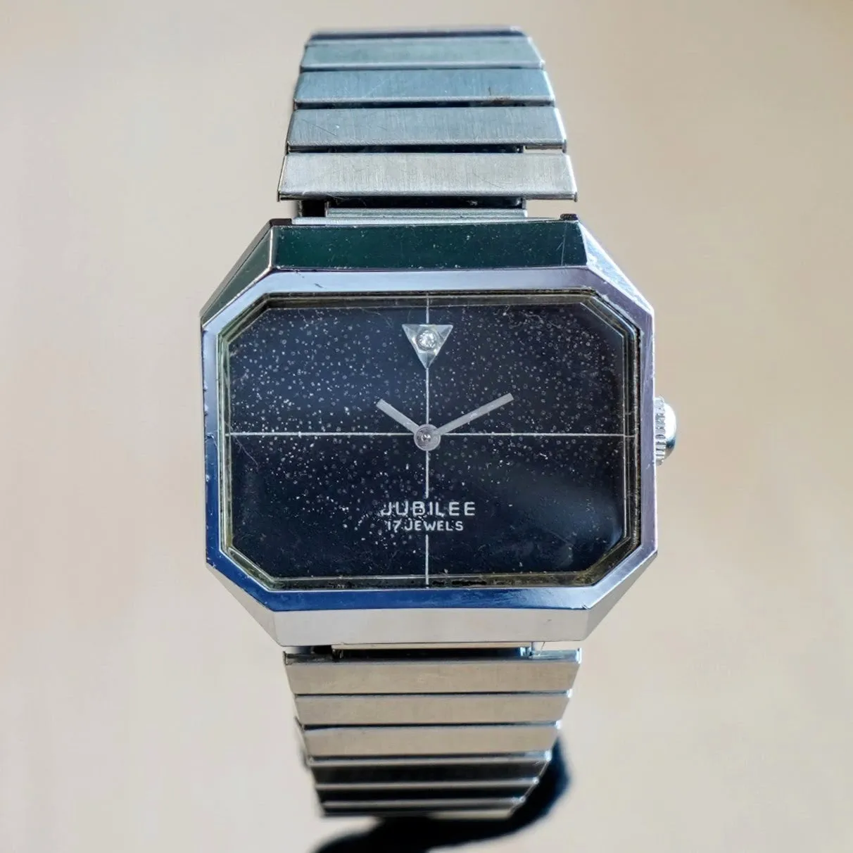 Vintage JUBILEE Watch 17 Jewels Diamond Dial S.S. Flex Bracelet Octagonal Case Wristwatch