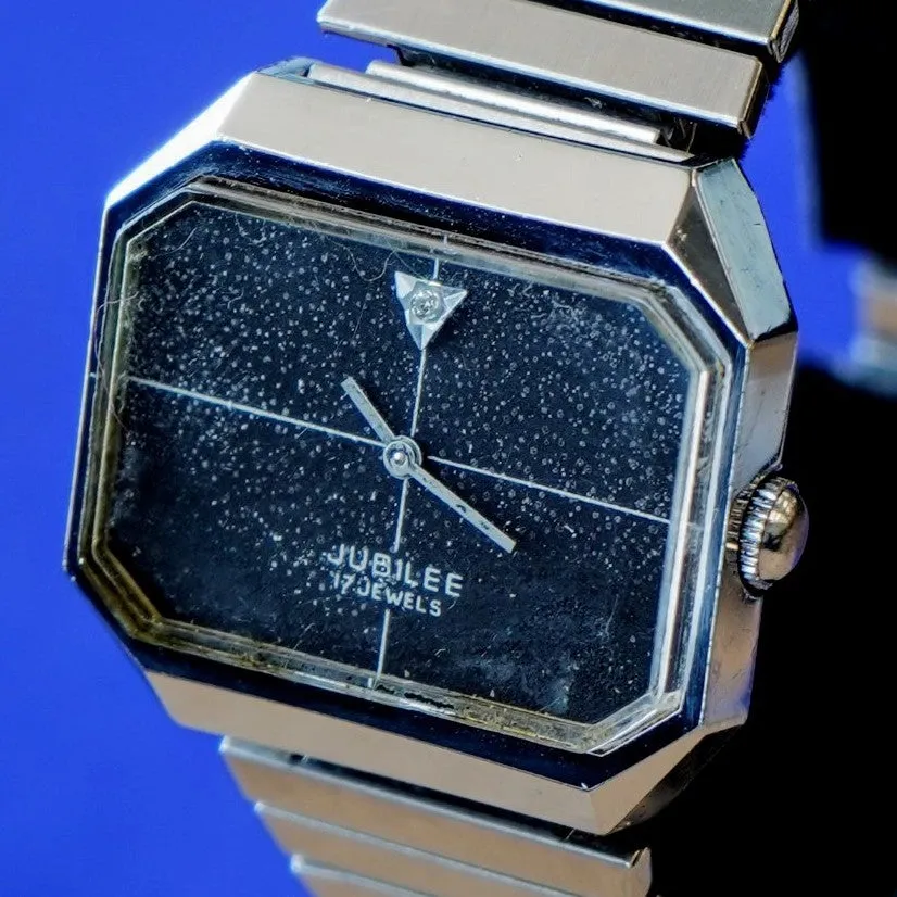 Vintage JUBILEE Watch 17 Jewels Diamond Dial S.S. Flex Bracelet Octagonal Case Wristwatch