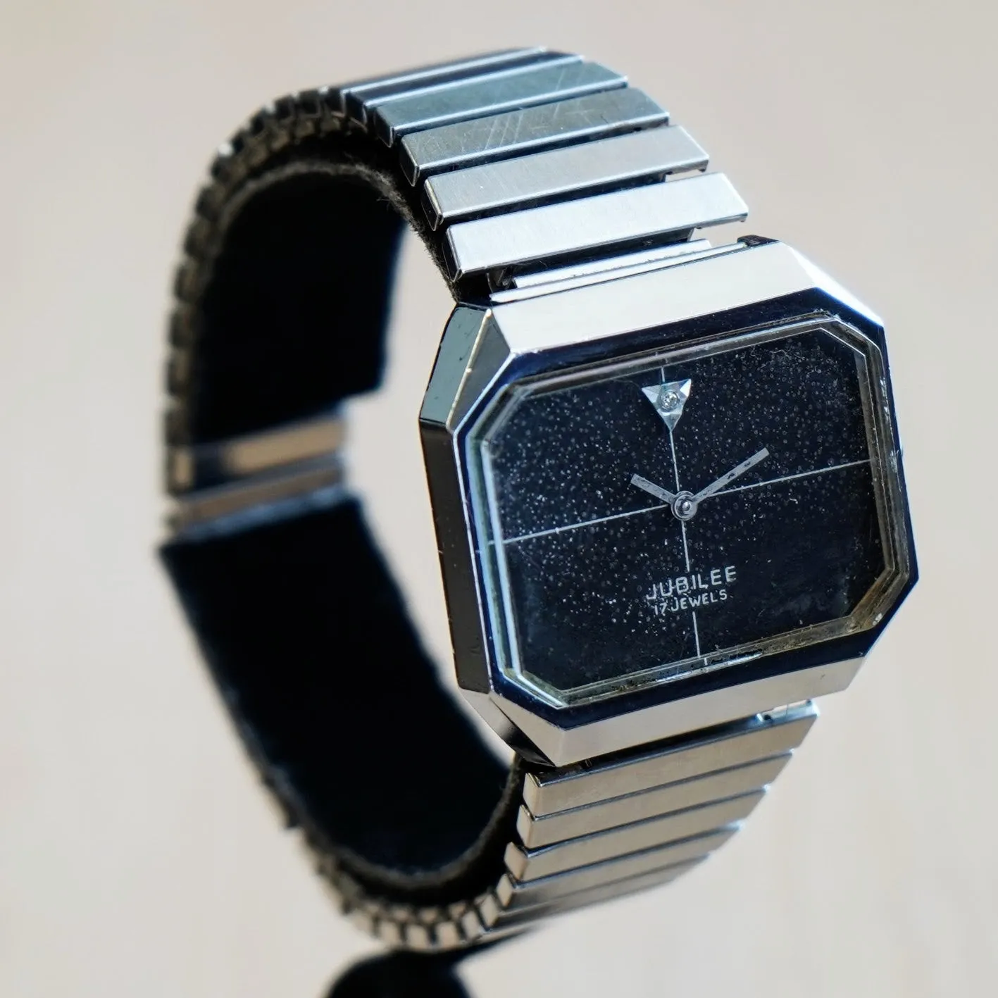 Vintage JUBILEE Watch 17 Jewels Diamond Dial S.S. Flex Bracelet Octagonal Case Wristwatch