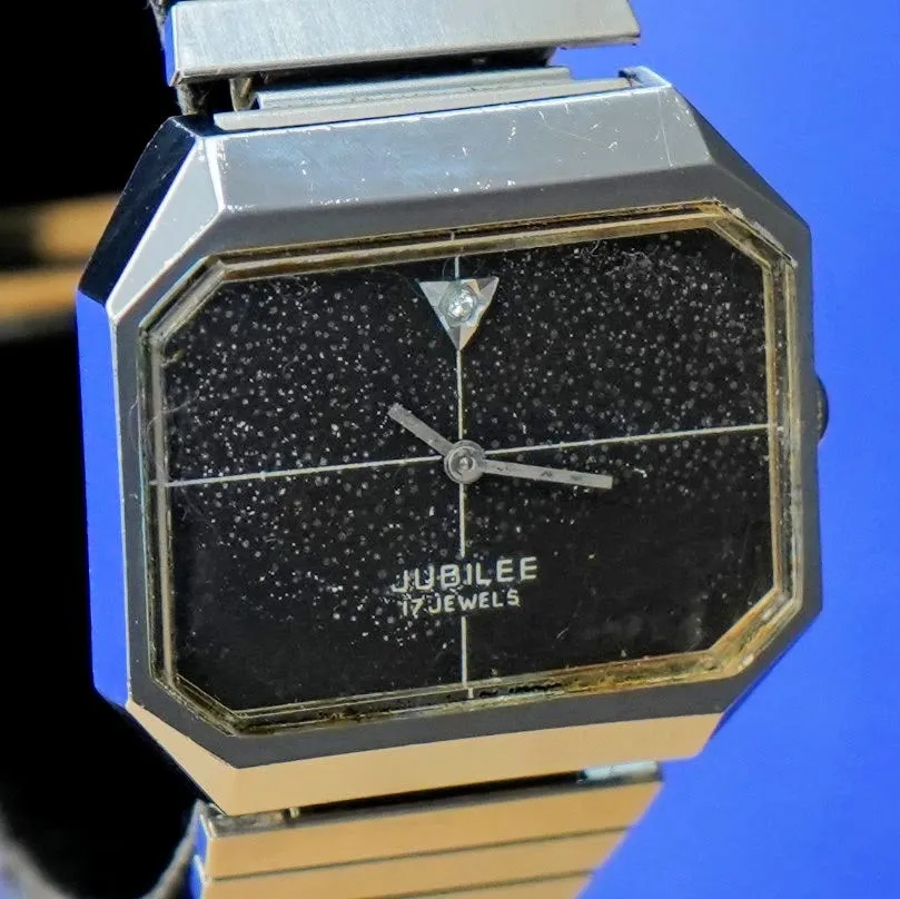 Vintage JUBILEE Watch 17 Jewels Diamond Dial S.S. Flex Bracelet Octagonal Case Wristwatch