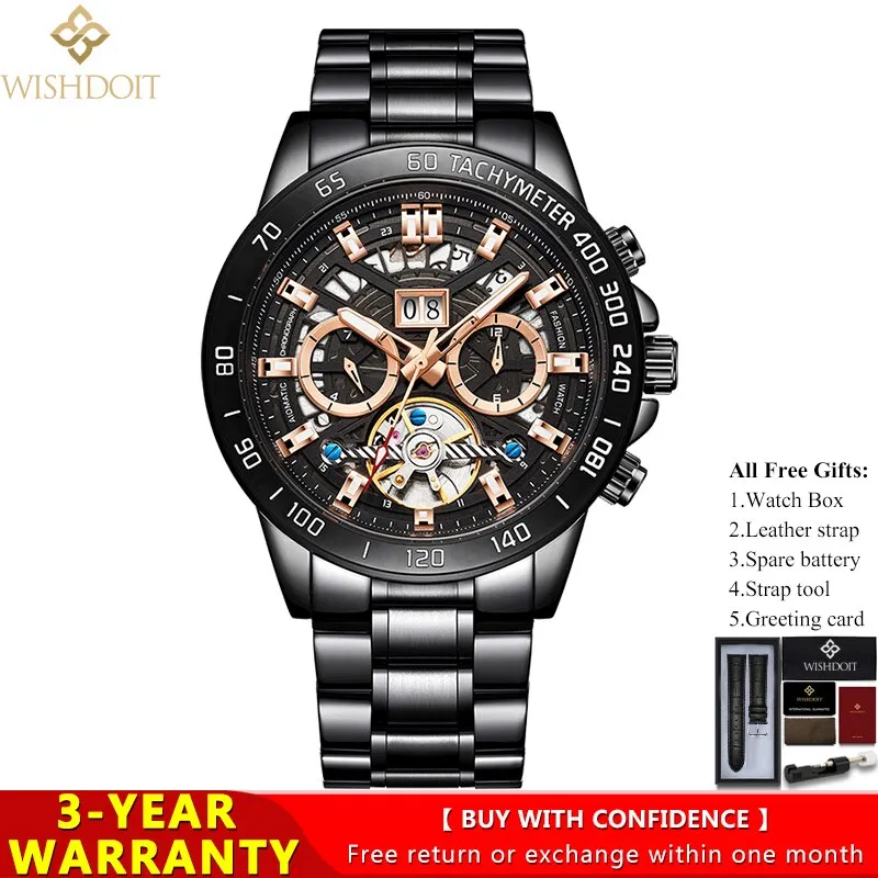 WISHDOIT Men&#39;s Watches Top Brand Leisure Sports Luxury Mechanical Watch Fashion Date Luminous Waterproof Clock Relógio masculino